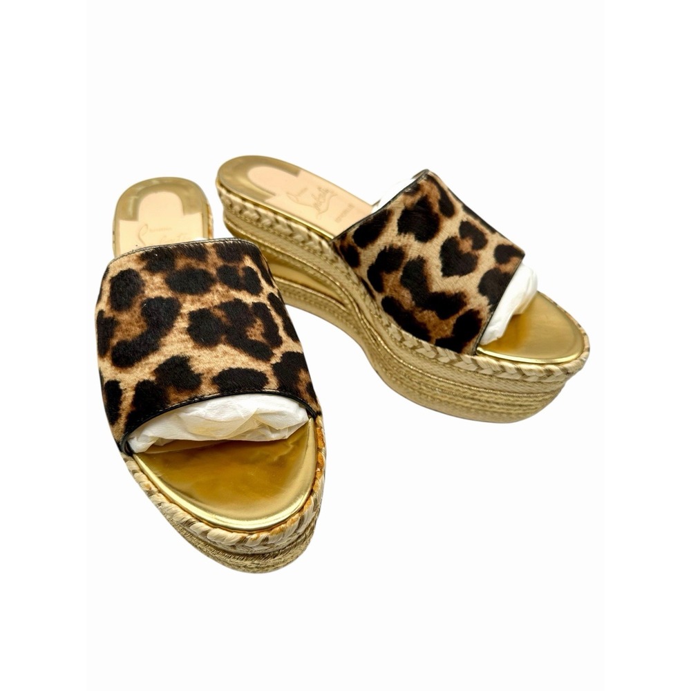 Christian Louboutin Brown/Beige Calf Hair Myriama Leopard Wedges Sandals Size 37 - Picture 3 of 7